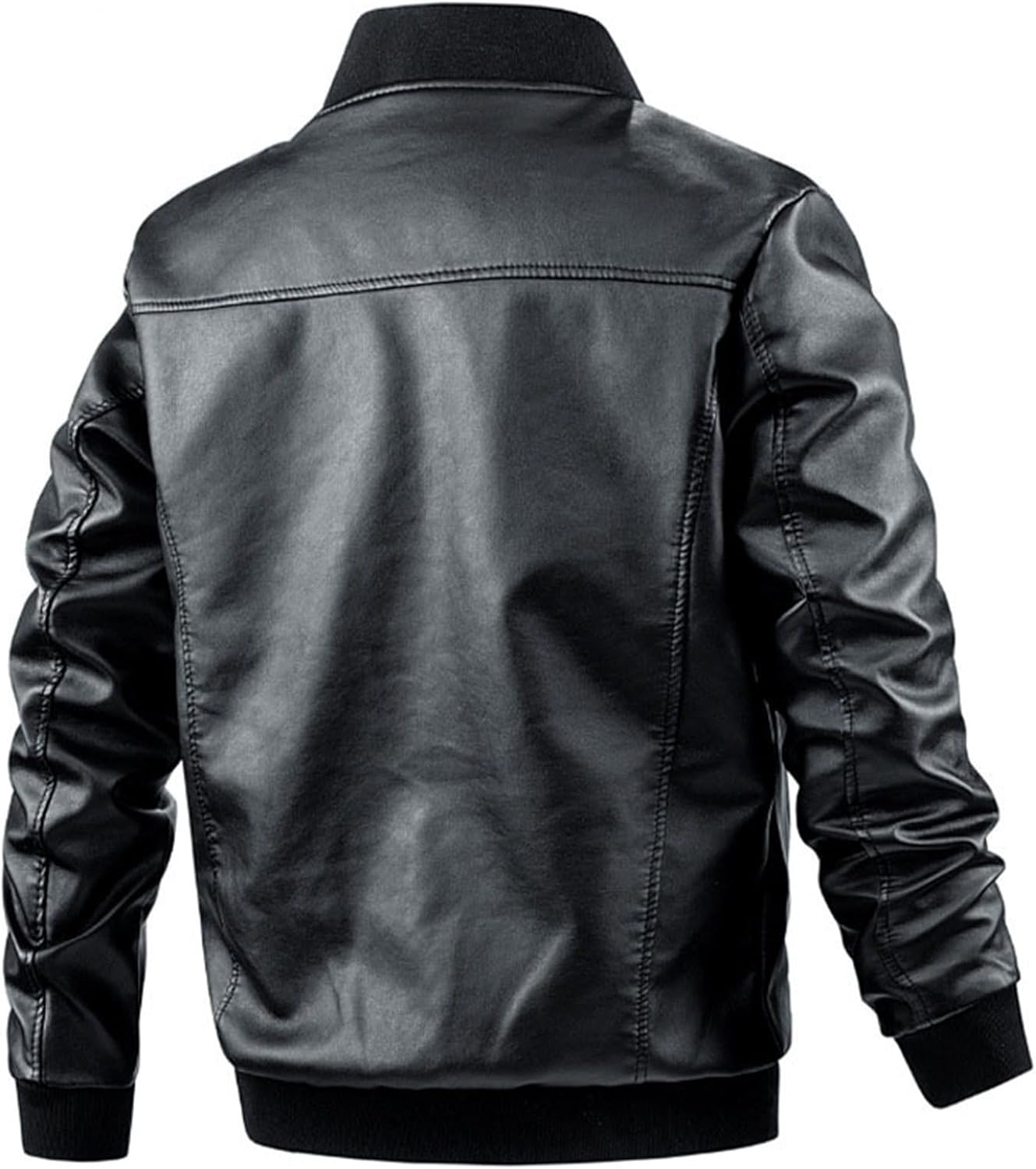 Men's Casual Leather Jacket Slim Fit Faux Leather Bomber Jacket Men Ribbed Collar Lightweight Biker Leather Coat
