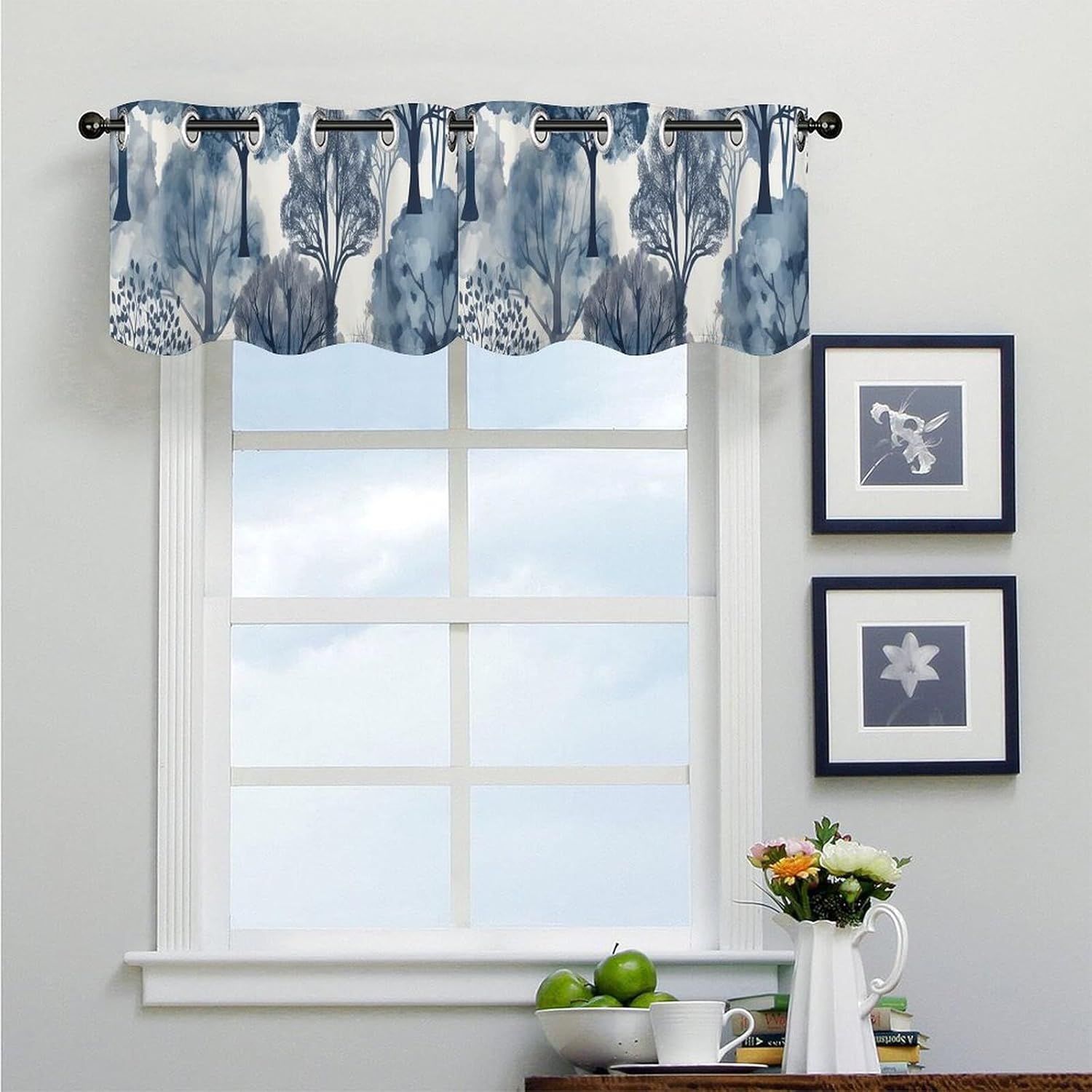 Blue Trees Pattern Valance for Windows, 2 Pack Kitchen Curtains Modern Home Decor, Soft Blackout Window Curtains for Living Room & Bedroom, 18 X 52 Inch