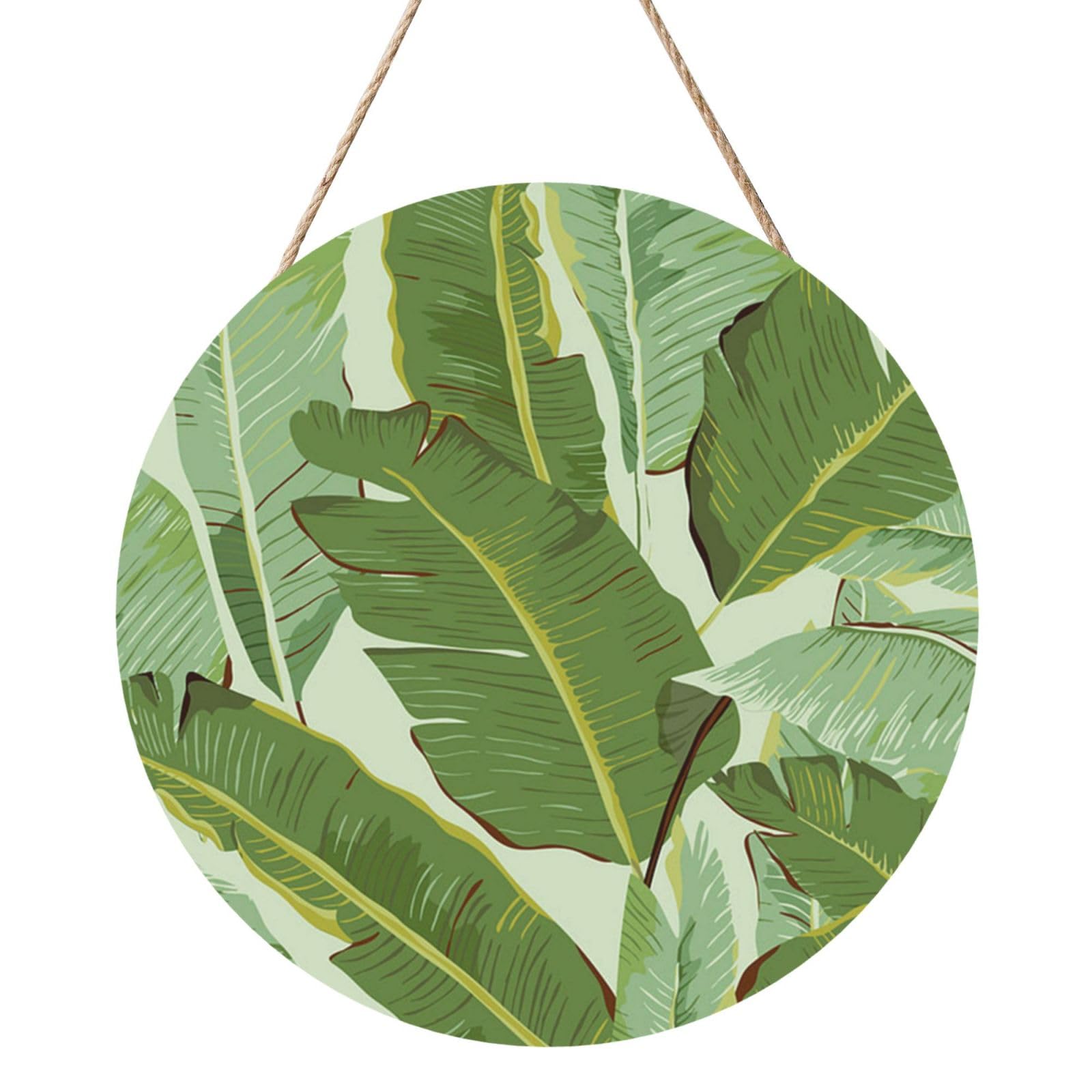 InOmak Tropical Plant Leaf, Round Wood Panel Painting 12 in, Wall Hanging Painting For Home