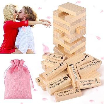 Lust Tower Game for Couples, 54pcs Wooden Naughty Block Stacking Game, Fun Date Night Ideas for Adults, DIY Blocks for Custom Challenges, Romantic Gifts for Her with Greeting Card