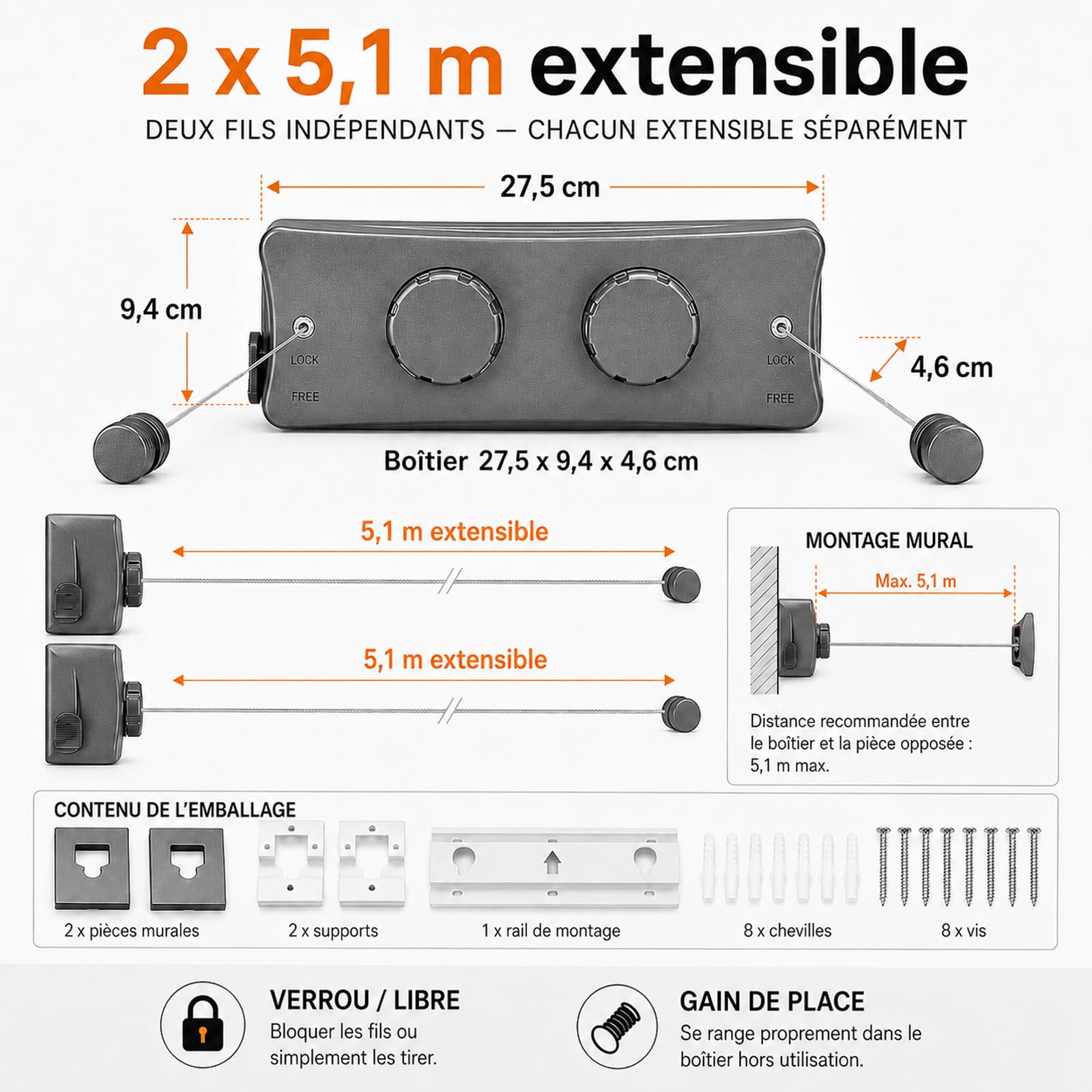 Corde à Linge Rétractable Murale 2 x 5 m avec Tendeur Intégré