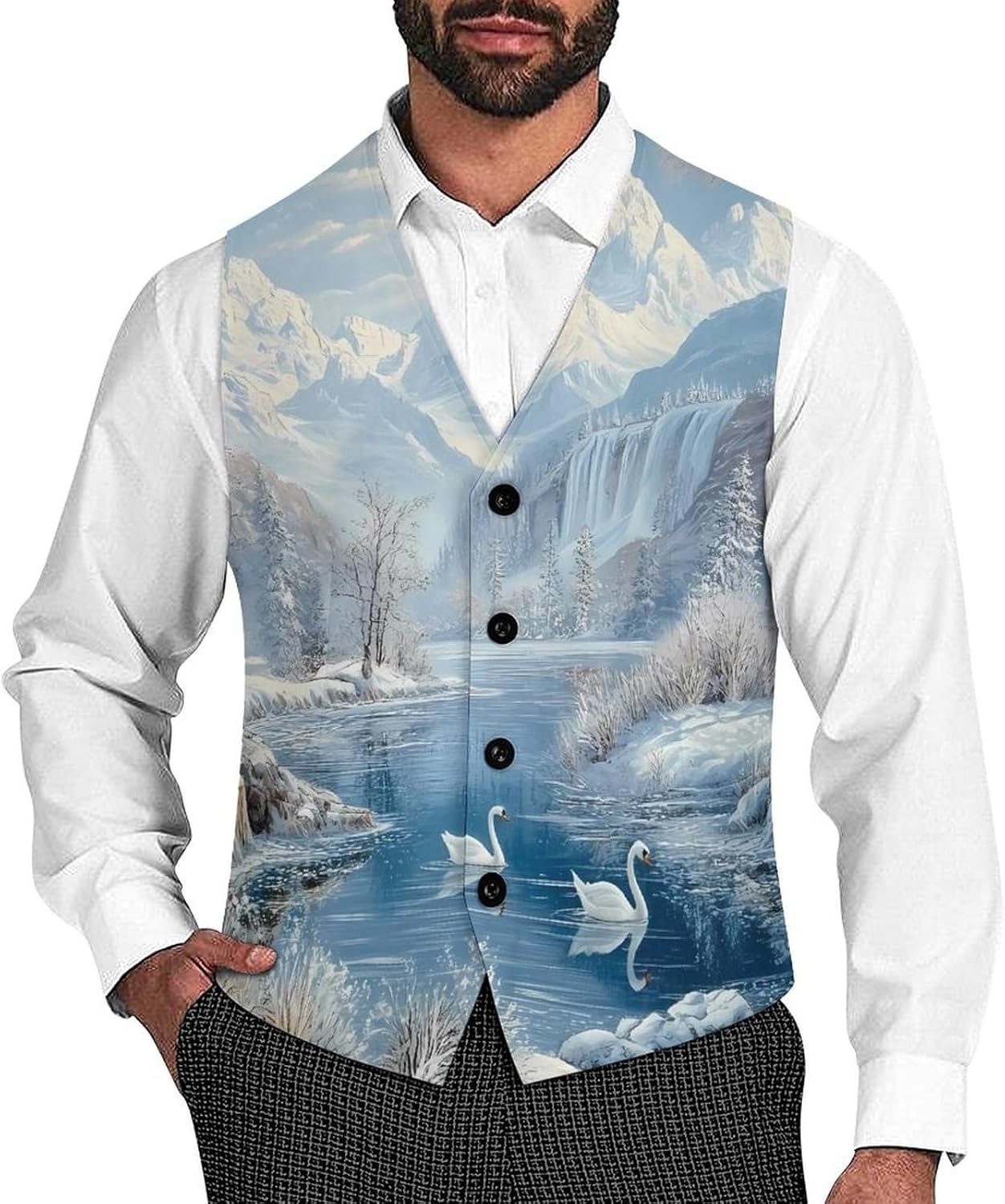 Winter Swans Snowy Mountain Lake Suit Vest for Men Casual Business Tuxedo Slim Fit Suit Vests Lightweight Waistcoat