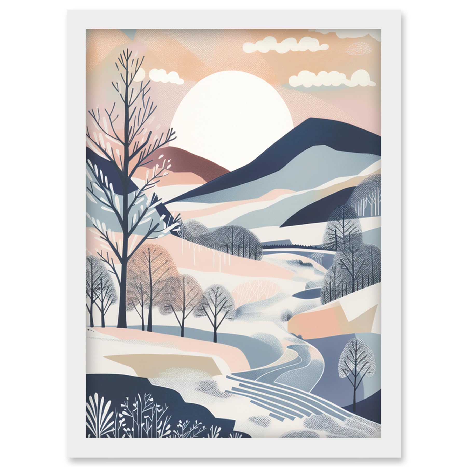 Artery8 Countryside Path in Boho Hill Winter Landscape Artwork Framed Wall Art Print A4