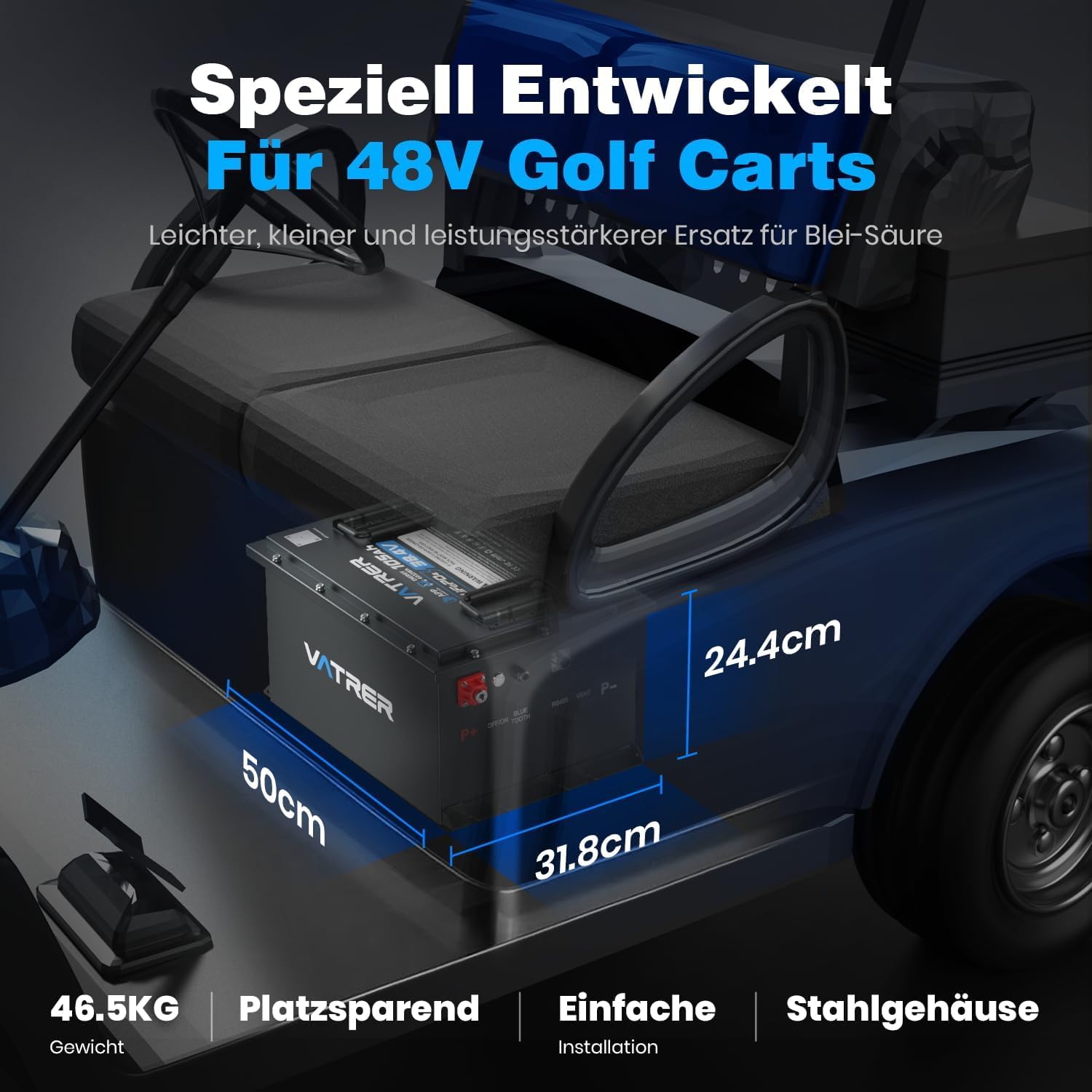 VATRER POWER Batterie LiFePO4 51,2V 105Ah Voiturette Golf, Écran Tactile | App Bluetooth · BMS inteligente de 200 A ·Compatible con Club Car, EZGO, Yamaha, Garia, Melex e Italcar