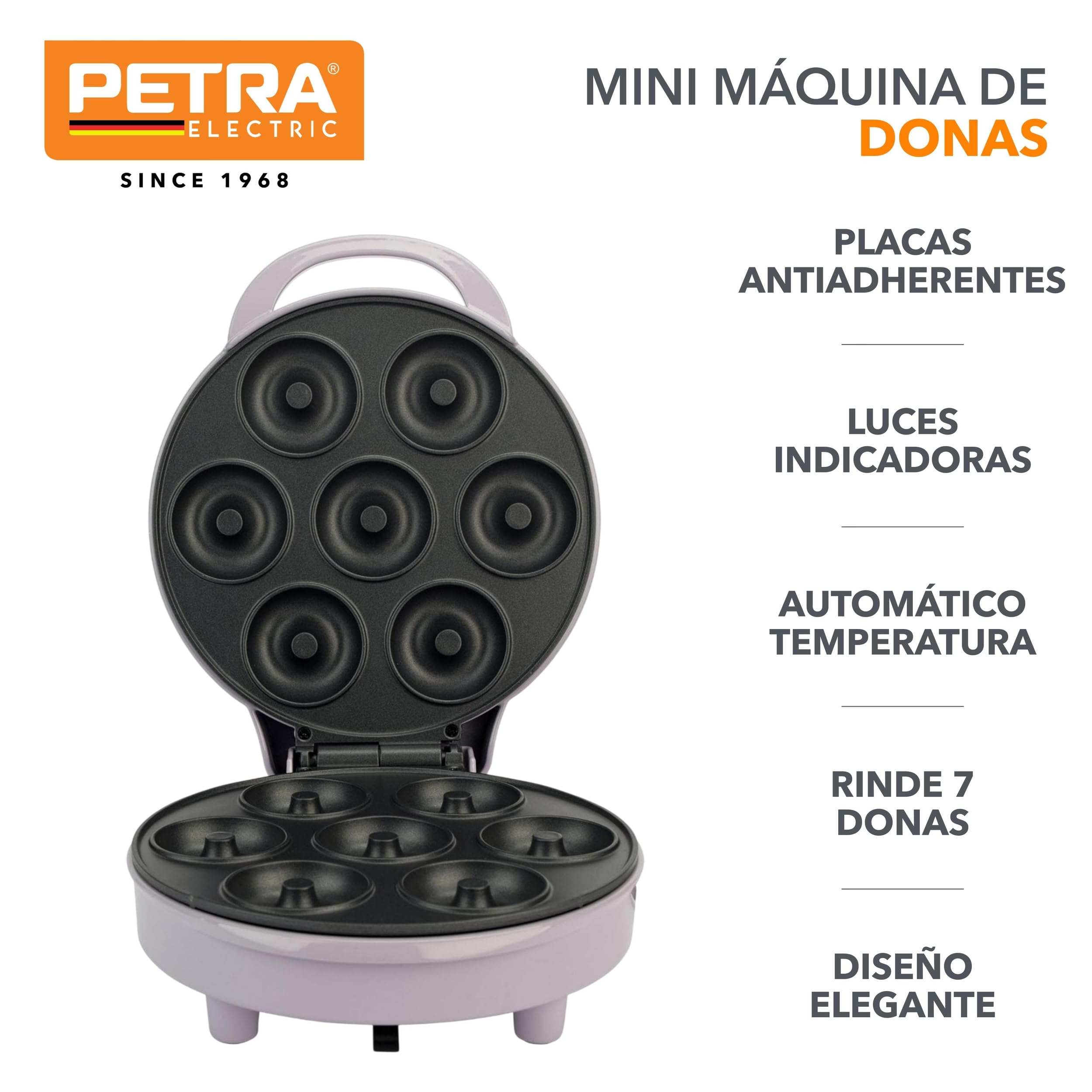 Petra Máquina para hacer donas - Rinde 7 mini donas, placa de cocción antiadherente, fácil de limpiar, luces indicadoras de encendido y listo, control automático de temperatura, 1000 W, PT6222PPVDE