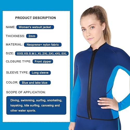 Miniatura 5 de REALON Chaqueta de neopreno para mujer, 0.079 in, parte superior de neopreno con cremallera frontal, traje de baño de manga larga para jóvenes en