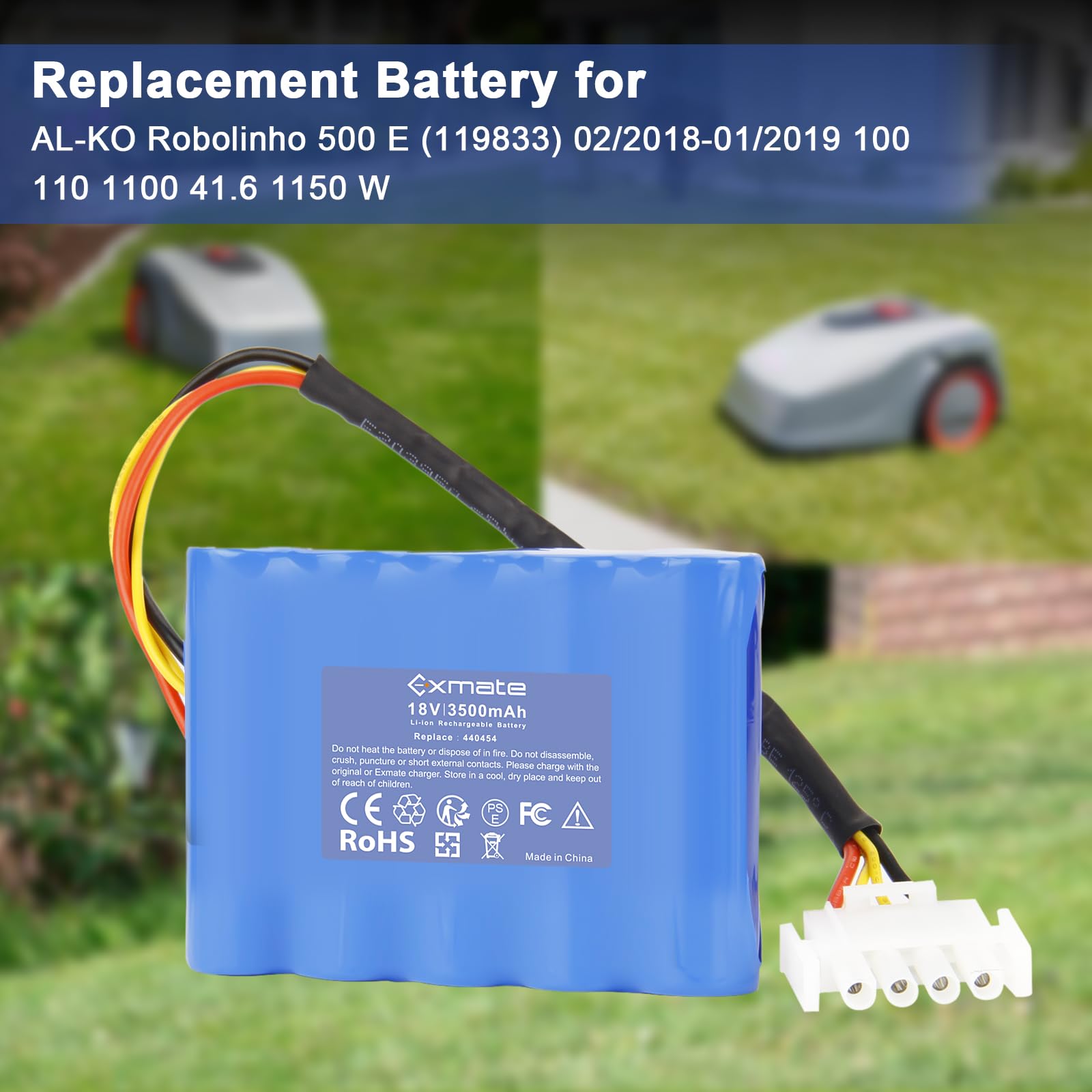 Exmate 18V 3500mAh Li-ion Akku kompatibel mit AL-KO Robolinho 500 E (119833) 02/2018-01/2019 100 110 1100 41.6 1150 W AL-KO 440454 441154 442175 442196 Rasenmäher