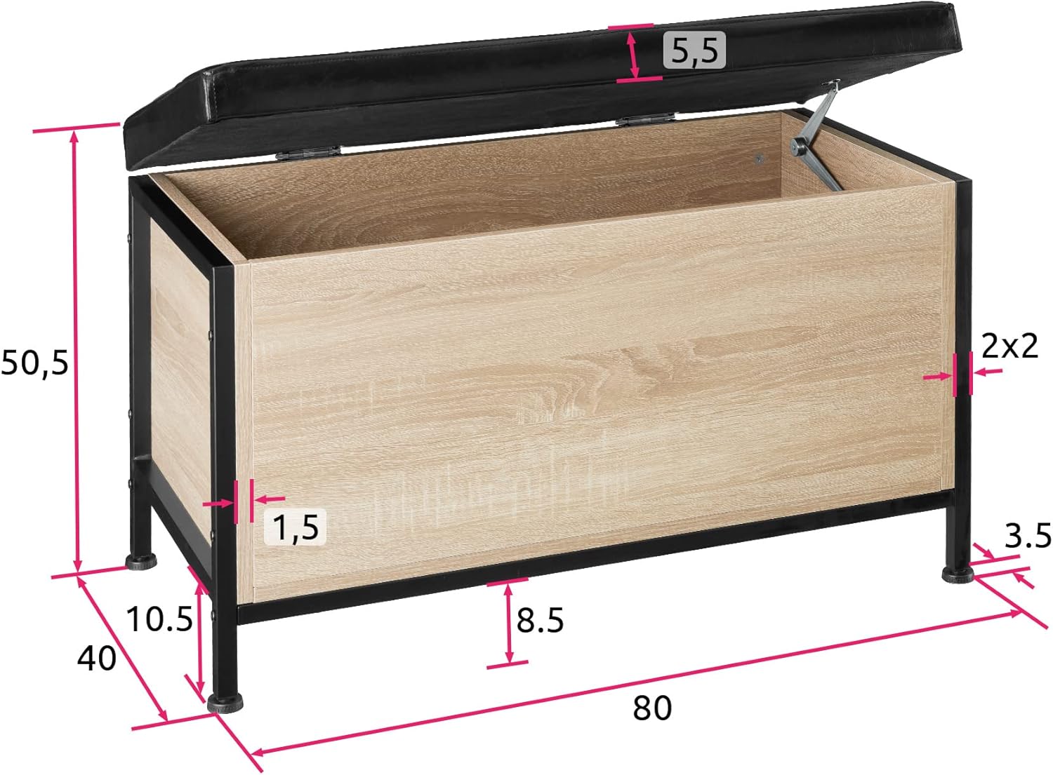 Diagram showing the dimensions of the storage box
