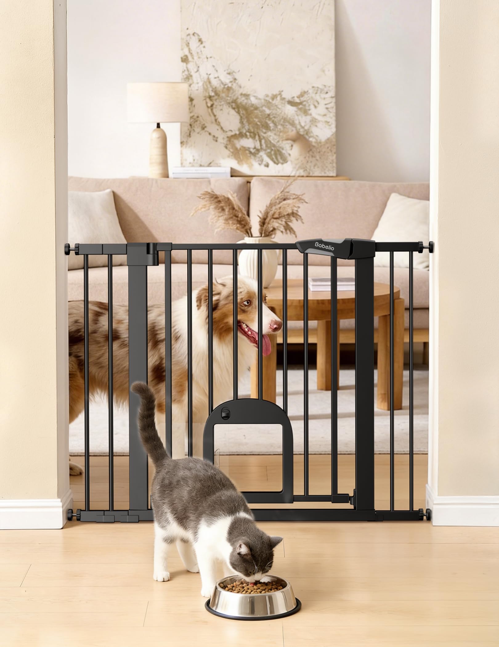 Babelio Upgraded Baby Gate with Cat Door, 29-43" Auto Close Durable Dog Gate for Stairs, Doorways and House, Easy Walk Thru Safety Gate with Pet Door Includes 4 Wall Cups, Black