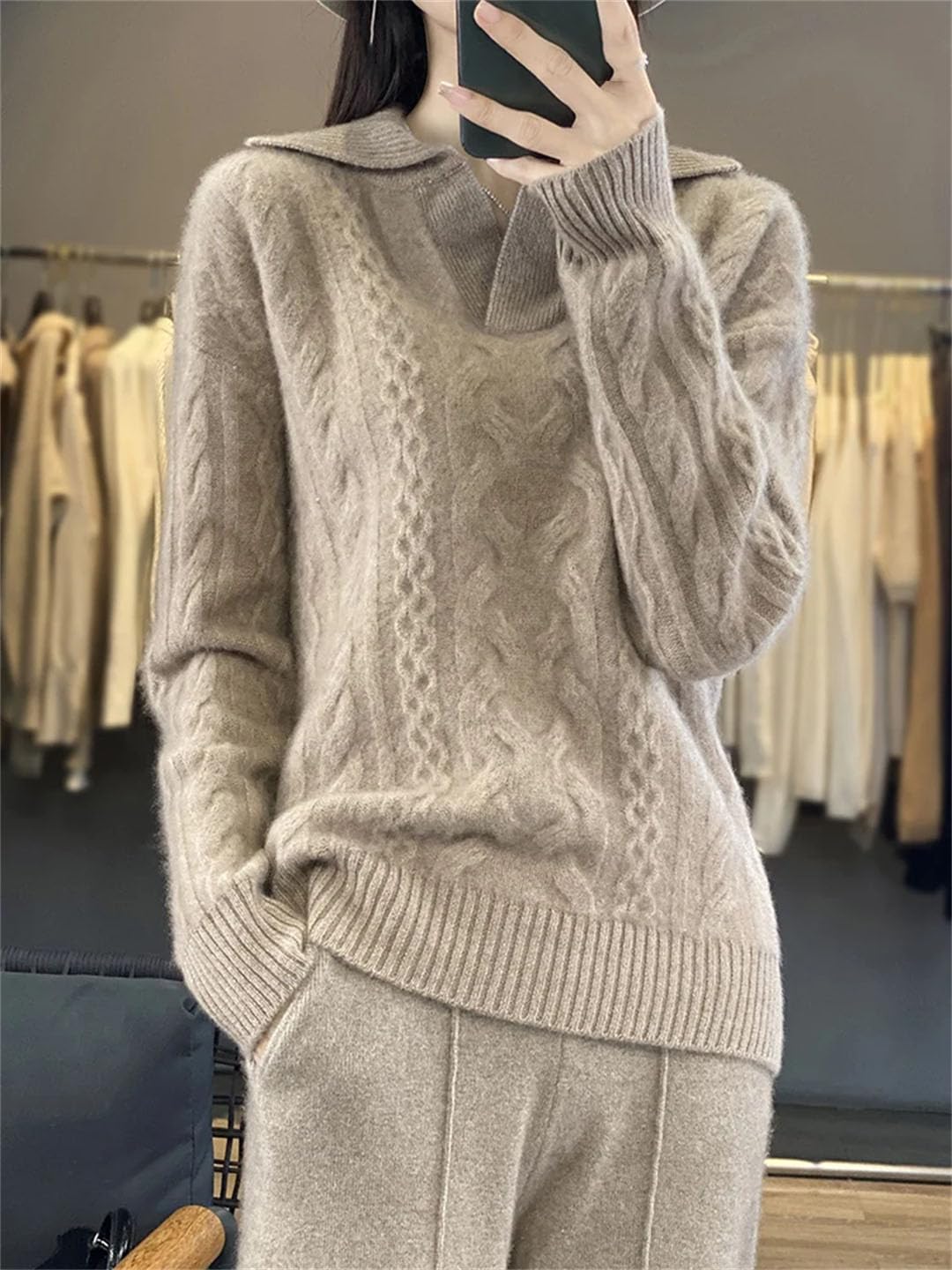 Maglione da donna Inverno Fiore Intrecciato Girare giù Collare Pullover Lana Merino Spessore Femminile Maglione Maglieria Top