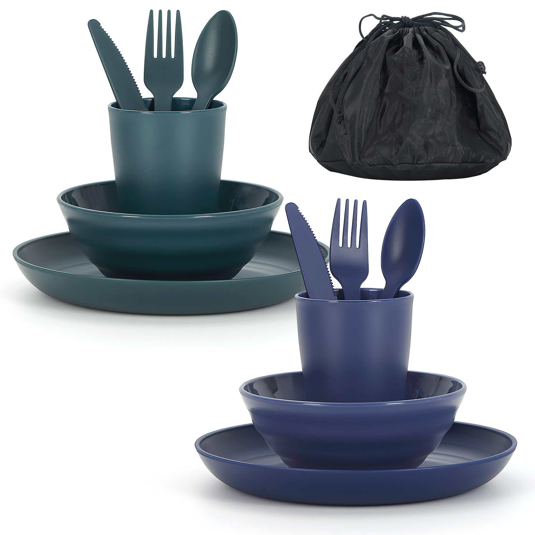 Camping Mess Kit for 2 with Bowl, Plate, Cup, Spoon, Fork, Knife and Carry Bag