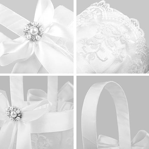 Miniatura 7 de TRUE LOVE GIFT Juego de almohada portadora de anillos y cesta de niña de flores de boda, diamantes de imitación de perlas, colección de encaje