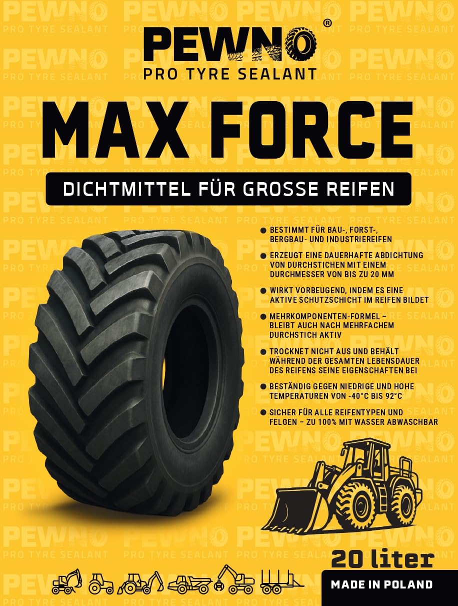MAX-Force Reifendichtmittel Industrie Baumaschinen 10L | Für Industrie-, Bau- und Forstfahrzeuge. Dichtet Löcher bis 20mm, -40°C bis +92°C einsatzbereit.