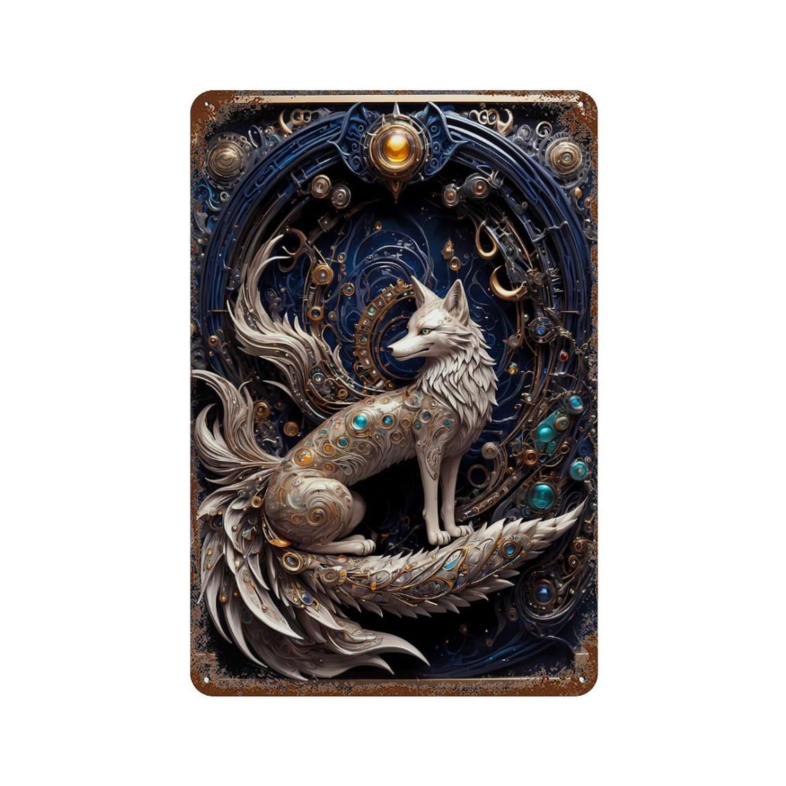 Golden Nine Tailed Fox 11.8"x7.9" Vintage Rust Metal Sign, Novelty Wall Decor for Living Room, Hallway And Home Decor