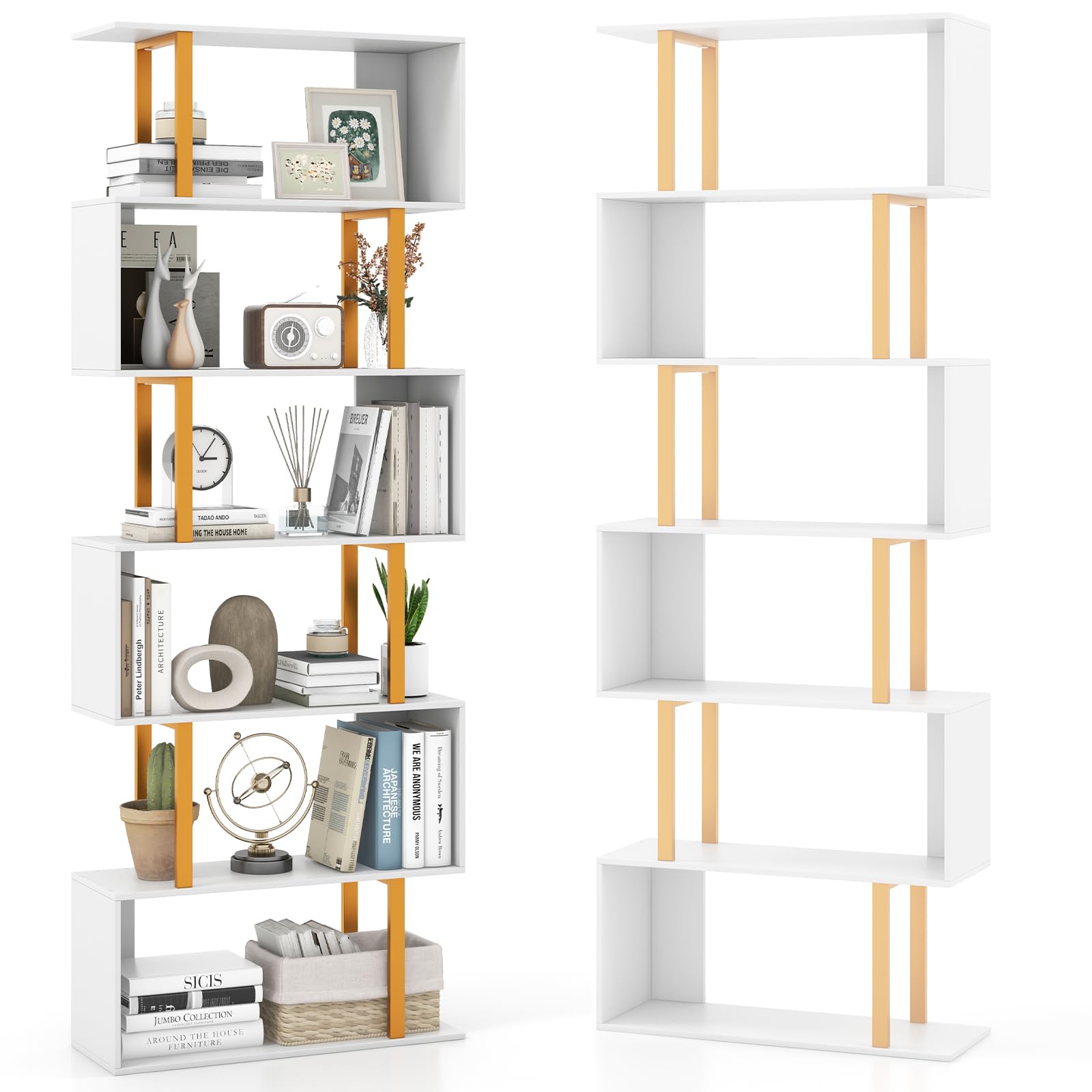 HOMASIS Estantería de Pared en Forma de S, estantería separadora de Habitaciones de Madera con Marco de Metal Dorado, estantería Blanca para salón, Estudio, Dormitorio (70 x 24 x 189 cm)