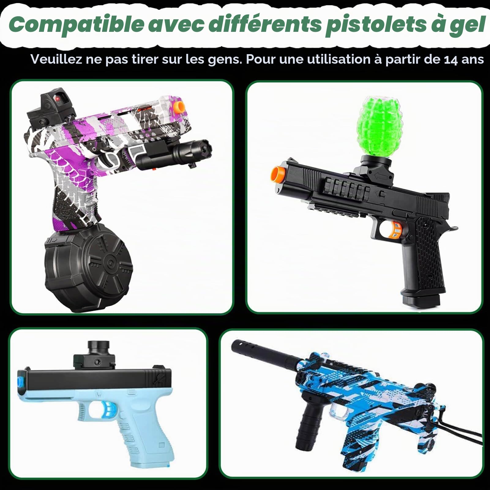 Gel Blaster Munitions Glow in the Dark pour adolescents et adultes à partir de 14 ans