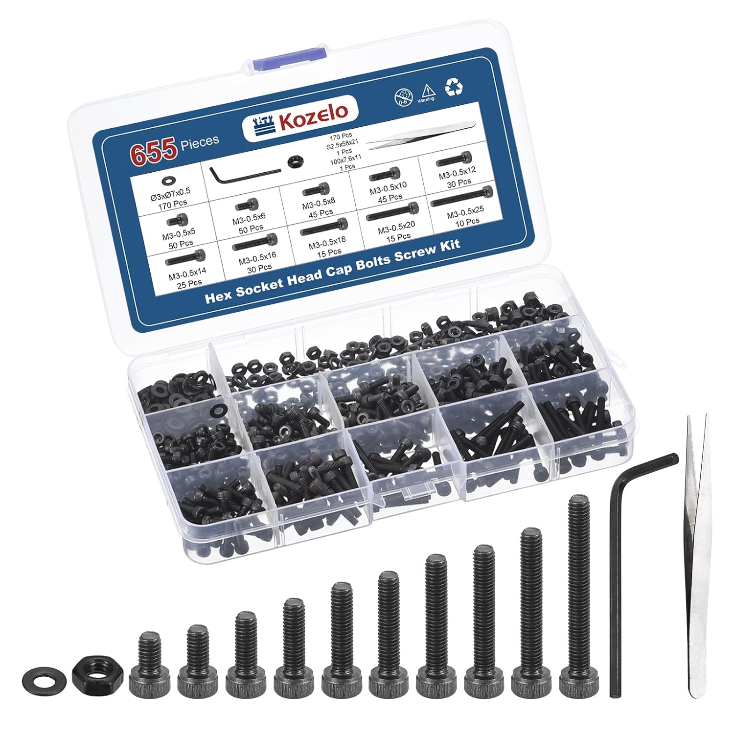 655pcs Socket Head Cap Screws Bolts Nuts Assortment Kit - [M3x5/6/8/10/12/14/16/18/20/25mm] Alloy Steel Black Oxide 12.9 Internal Hex Screw for 3D Printer Use, with Wrench