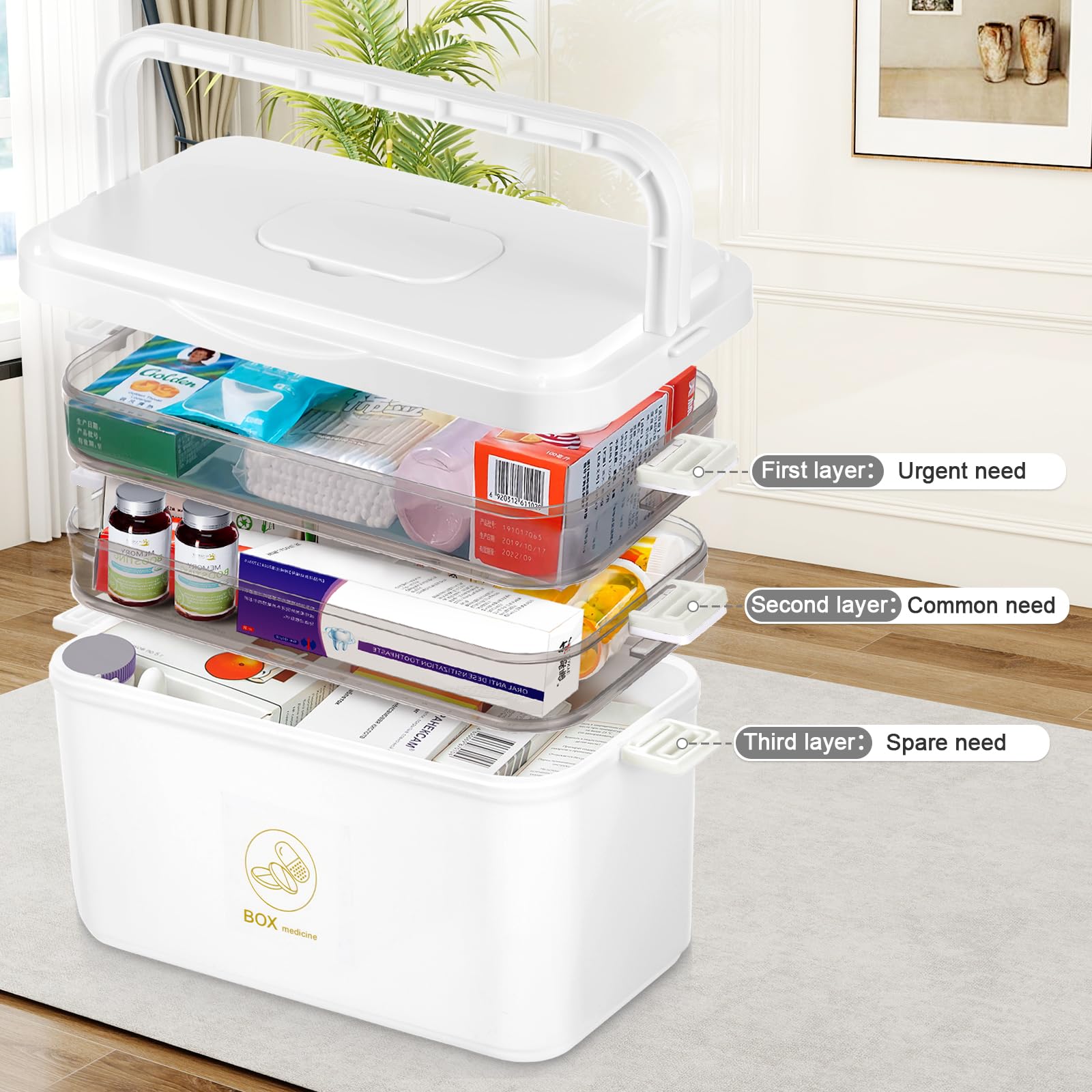 Hershii Medische opbergdozen van kunststof, organizer voor medicijnen, noodgevallen thuis, EHBO-set, pillendoos met 3 etages, met vakken en handvat Hershii Medische opbergdozen van kunststof, organizer voor medicijnen, noodgevallen thuis, EHBO-set, pillendoos met 3 etages, met vakken en handvat