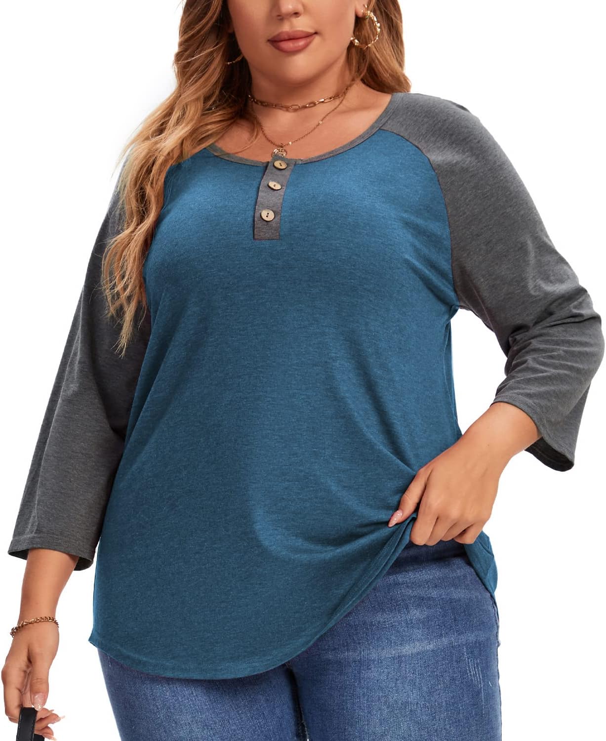 Rinethy 3/4 Sleeve Shirts for Women Plus Size Casual Crewneck Blouses Color Block Henley Shirts