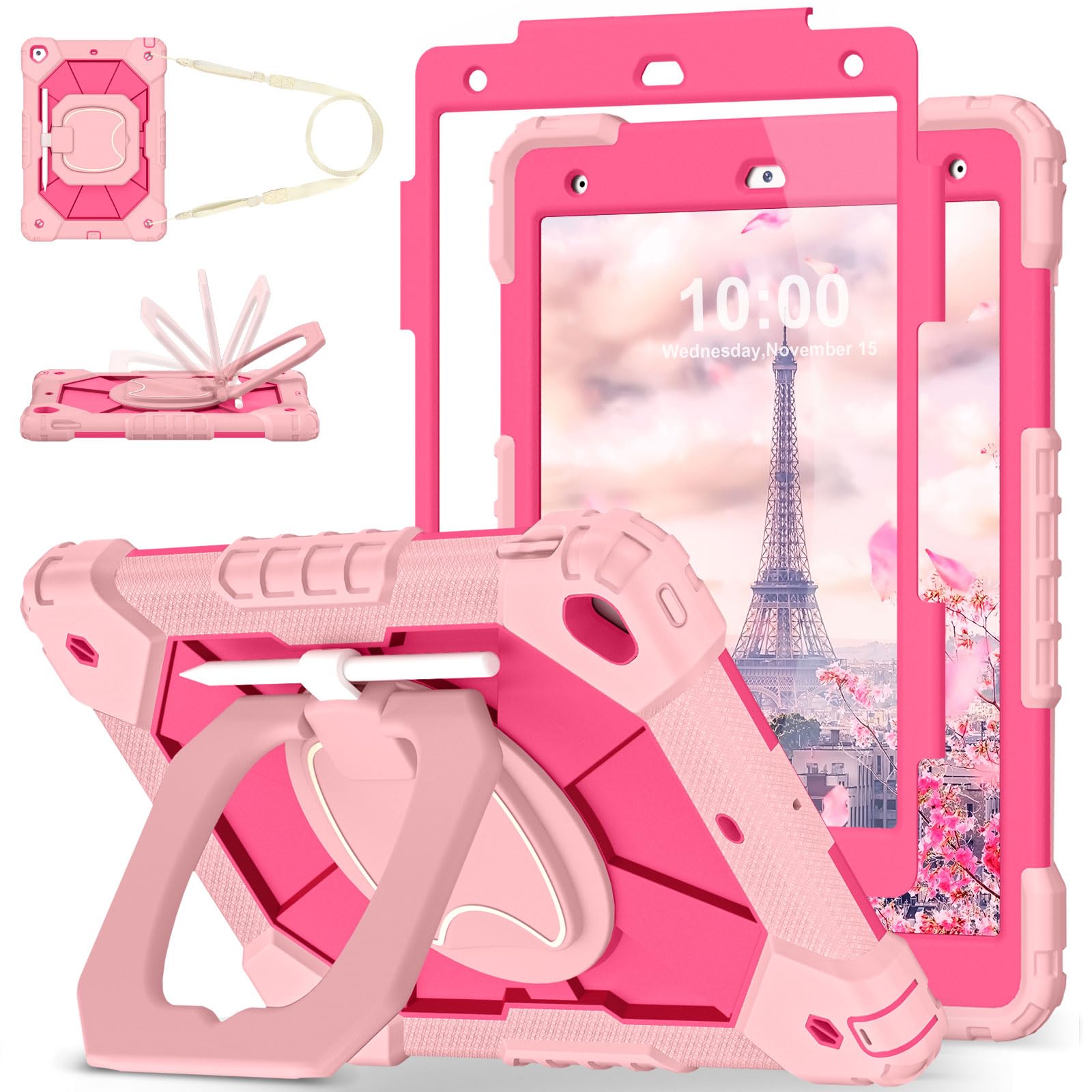 WESOROL Case for iPad 9th/8th/7th Generation 10.2 Inch iPad 9th Generation Case with Screen Protector Rotating Stand Pencil Holder Heavy Duty Shockproof Cover for 9th Gen iPad Case,Rose Gold Pink