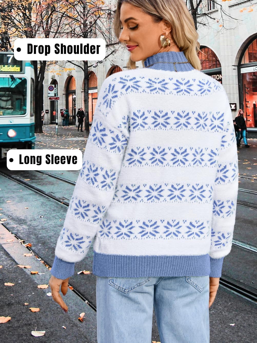 Women's Fuzzy Snowflake Sweater, Mock-Neck Long Sleeve Loose Pullover, Winter Warm Knit Top for Casual & Holiday - Image 4