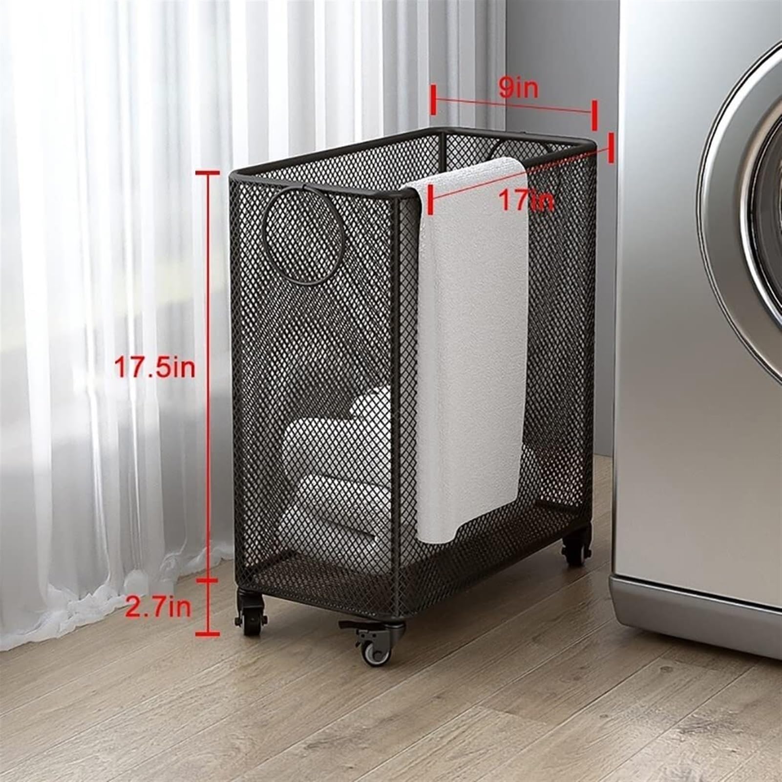 Cesto portabiancheria in metallo con ruote, carrello a rete da 45 litri, contenitore for riporre vestiti o biancheria, for soggiorno, bagno, lavanderia o camera dei bambini(Black)