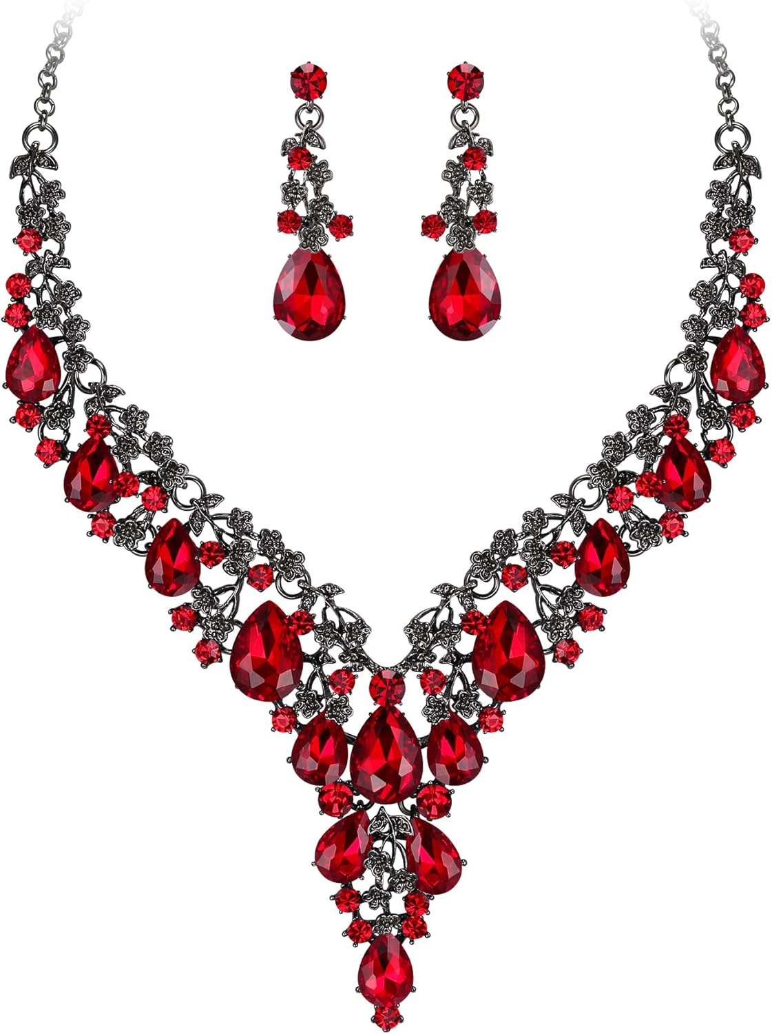 BriLove Women's Wedding Bridal Austrian Crystal Teardrop Flower Cluster Statement Necklace Dangle Earrings Jewelry Set for Party Prom