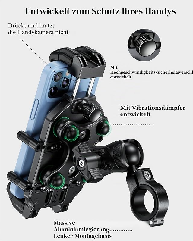 Suport telefon cu amortizor de vibrații BRCOVAN pentru motocicletă, bicicletă și scuter, suport de ghidon rotativ la 360 de grade cu sistem antifurt, pentru telefoane de 5.4-7.2 inchi