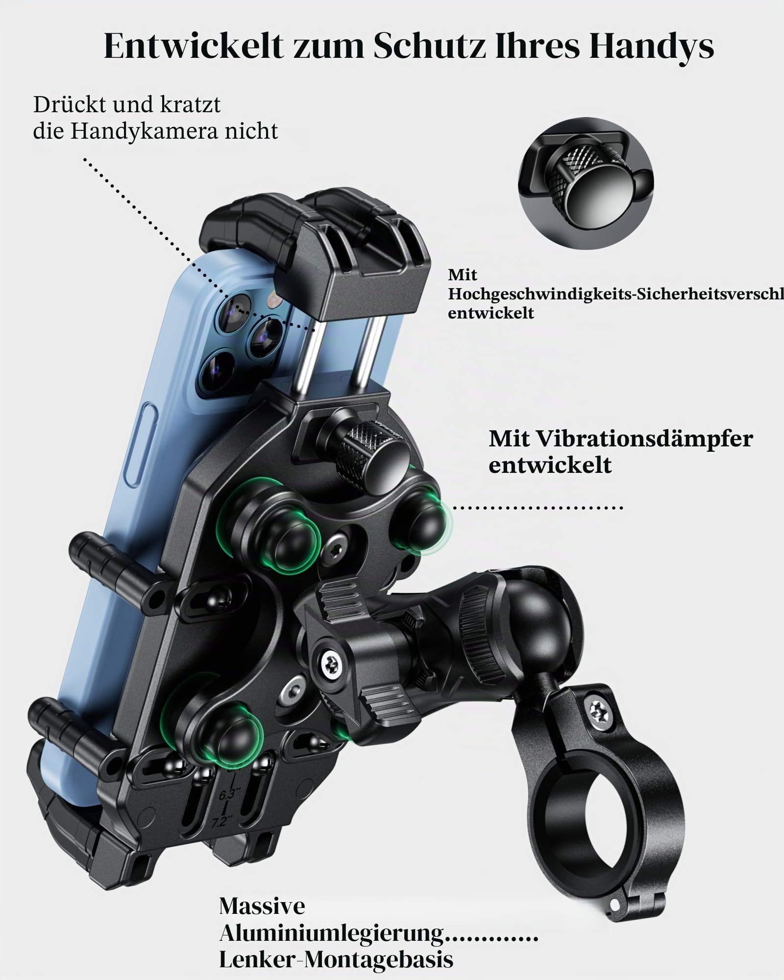 BRCOVAN Motorrad Handyhalterung mit Vibrationsdämpfer, Diebstahlsichere Handy Motorradhalterung, Verstellbar 360° Drehbar Lenker Halte für Motorrad, Fahrrad, Roller, ATV, für 5,4-7,2 Zoll Smartphone