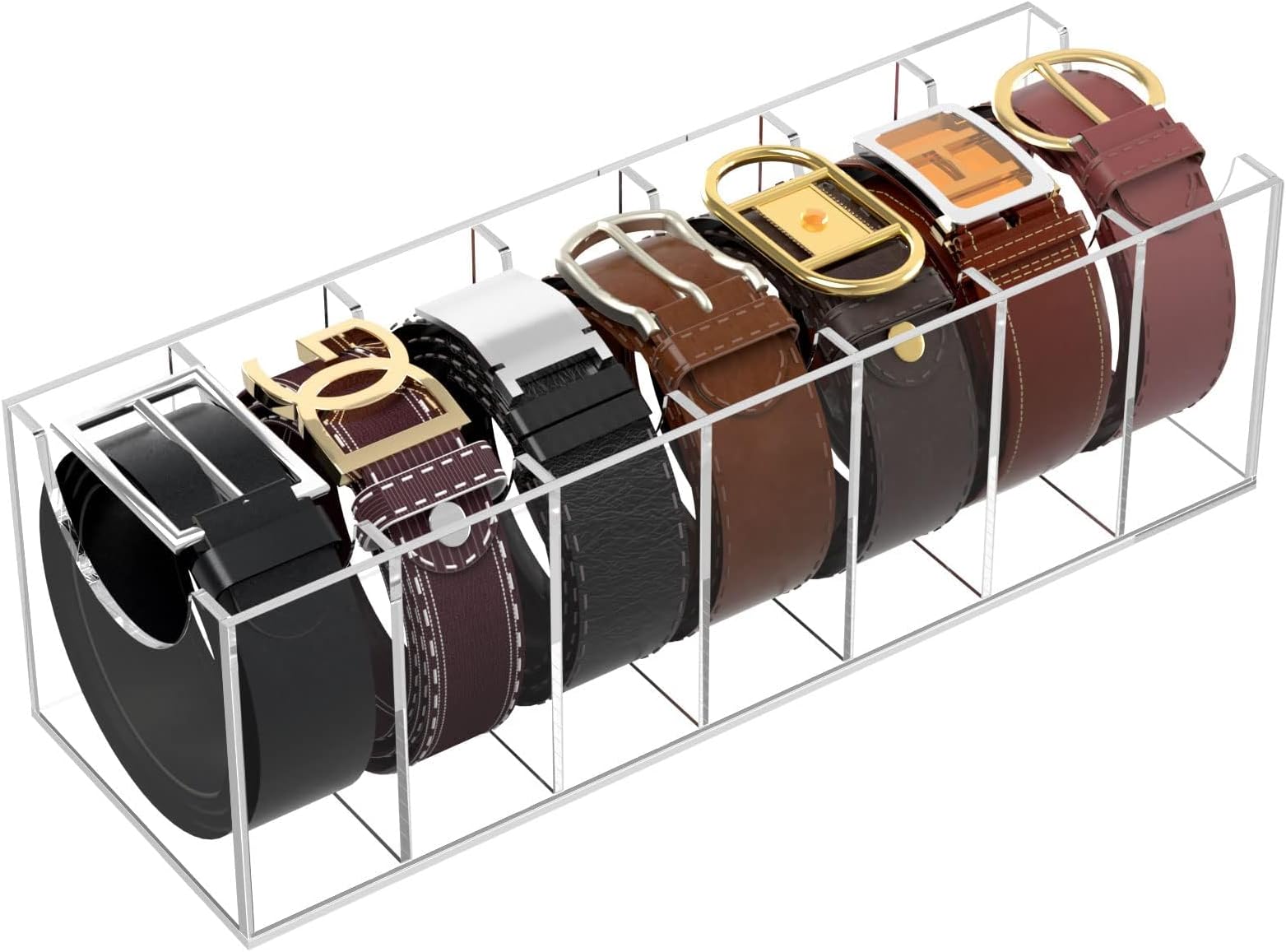 NIUBEE Belt Organizer, Acrylic Belt Storage Holder for The Closet, 7 Compartments Display Case for Tie and Bow Tie