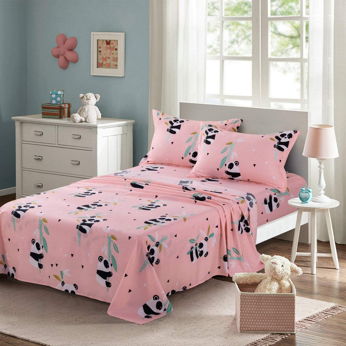 KFZ Sheets for Queen Size Bed, Queen Size Baby Panda Pink Bed Sheets Set with 1 Flat Sheet 1 Fitted Sheet Sheet 2 Pillow Covers, Brushed Microfiber Bed Sheets for Kids