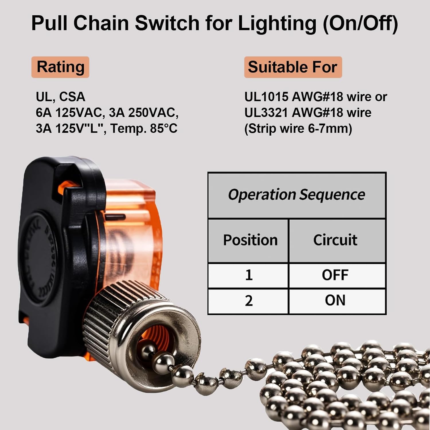 Ceiling Fan Light Switch E87438 Fan Lamp Switch with 11" Beaded Pull Chain, 6A 125VAC ON-Off Electrical Replacement for Repairing Wall Lamps, Cabinet Lights, Home Lighting Parts - 2 Pack