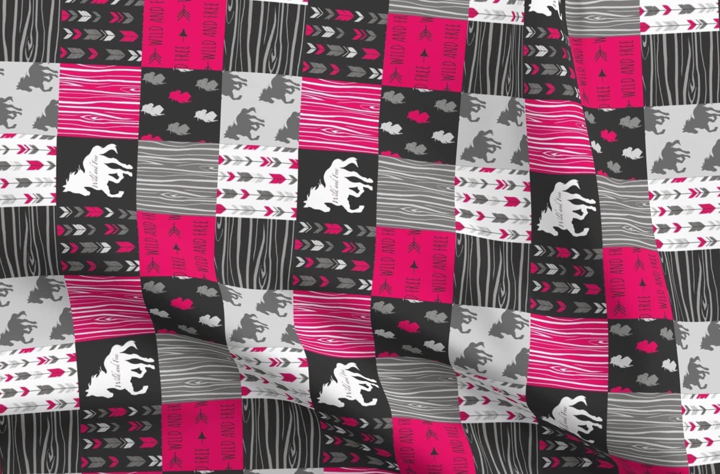 Spoonflower Fabric - Wild Horses Patchwork Fuchsia Black Gray Horse Pink Printed on Organic Cotton Sateen Fabric by The Yard - Sewing Quilting Apparel Home Decor
