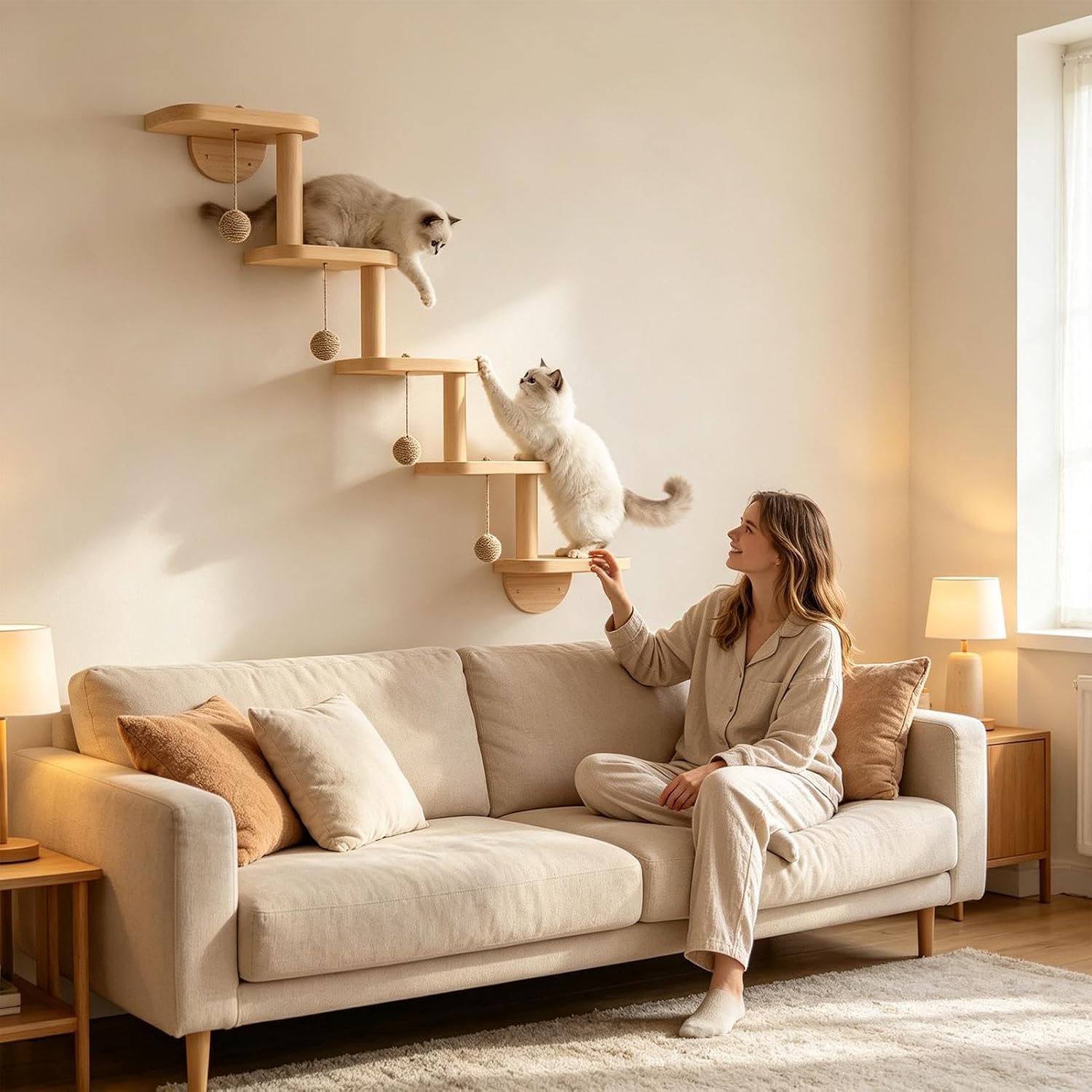 Cat Stairs Wall, Wooden Climbing Bed, Wall Mounted Cat Furniture Steps Set | Durable Scratching Climbing Design, Space Saving Wall Installation, for Indoor Outdoor Ceiling Corner Door Bedroom