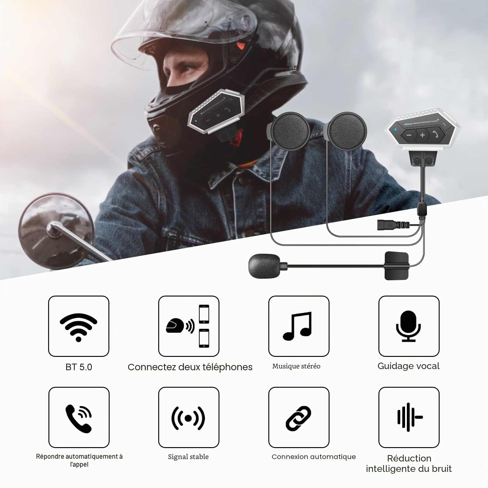 OBEST Casque de Moto Bluetooth 5.0 sans Fil,Kit Bluetooth Casque Moto Réponse Automatique,Son Stéréo,Réduction du Bruit,2000 mAh Batterie Haute énergie,Écouteurs pour Vélo,Ski,Voyage