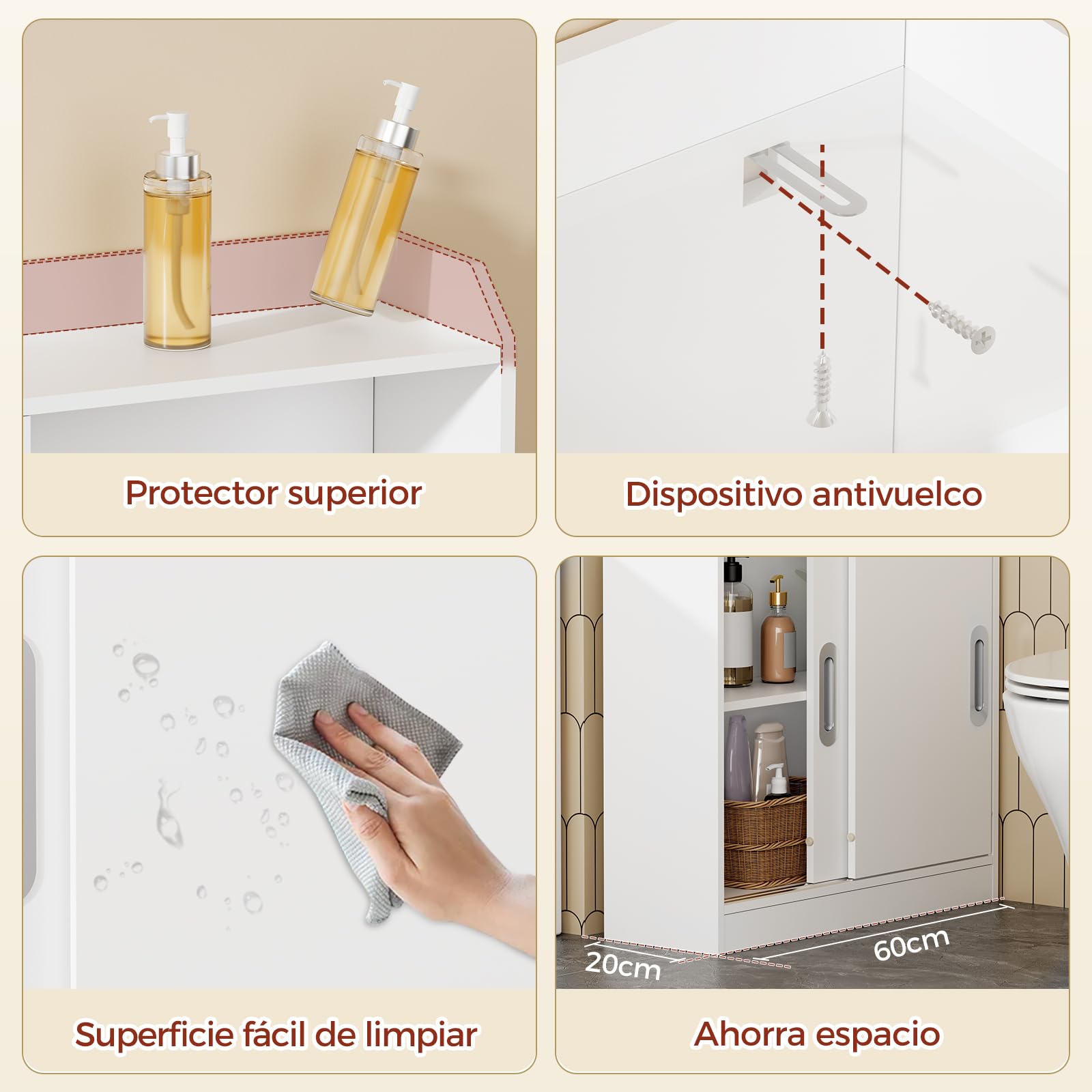 BEWISHOME Mueble de Baño Ahorro Espacio,Armario de Baño con Puerta Corredera,Tiradores Empotrados,Soporte Papel Higiénico y Estante Regulable,20x60x80cm,Blanco EYYG16W