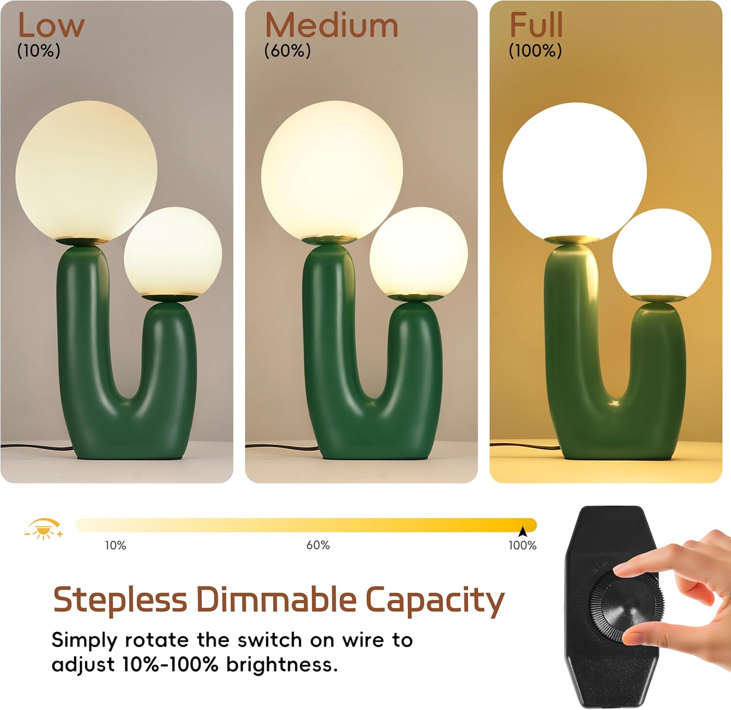 17.7" Large Modern Resin Frosted Glass Danish Cactus LED Table Lamp, 2-Light Dimmable Nightstand Bedside Lamps with Bulbs for Living Room, Office, Kids Room, Bedroom Decor - Green