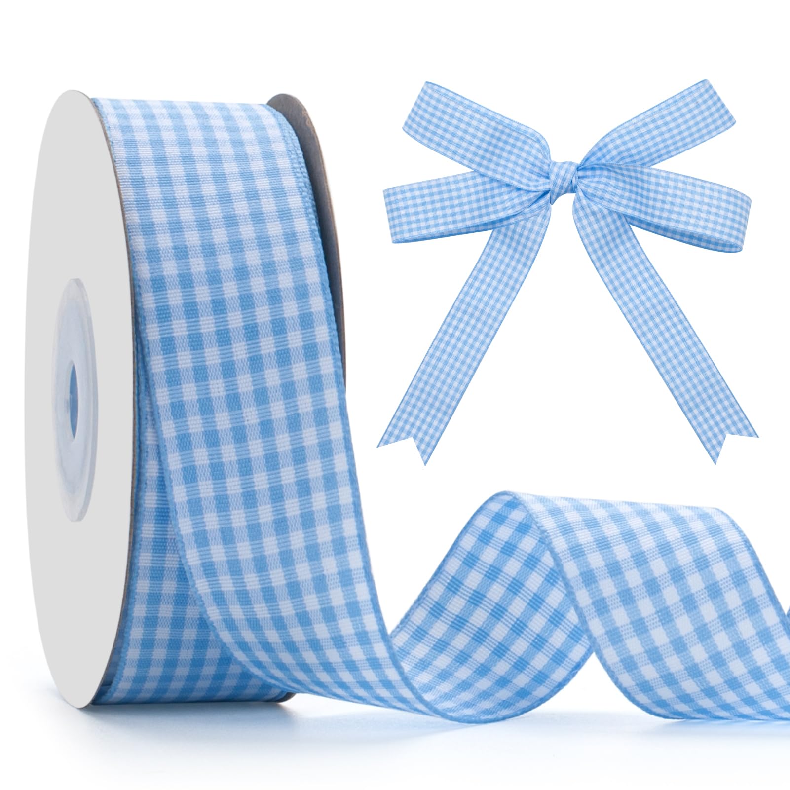 Light Blue And White Gingham Ribbon, 3/8" X 50 Yd Roll Picnic