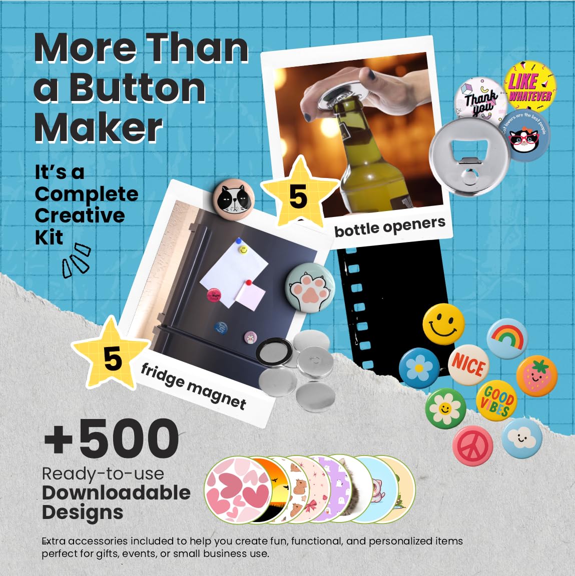 Nice2Have Máquina para hacer insignias de 58 mm (2.25 pulgadas) – (100 insignias, 5 abrebotellas, 5 imanes de nevera, más de 500 diseños, cortador circular y libro mágico) – Kit de fabricación de