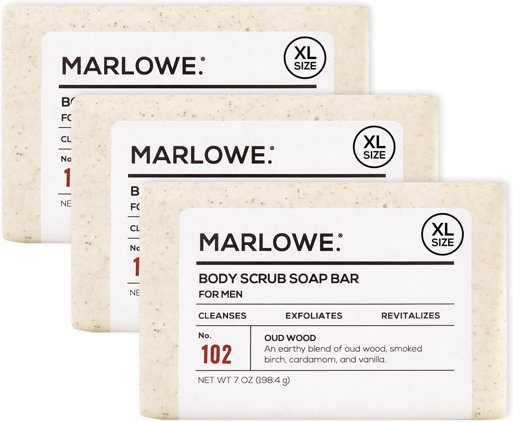 MARLOWE. No. 102 Body Scrub Soap 7 oz (3 Bars), Oud Wood, Exfoliating Soap Bar with Shea Butter, Olive Oil & Green Tea Extracts, Cleanses, Smooths & Revitalizes Skin, Earthy & Smoky Scent
