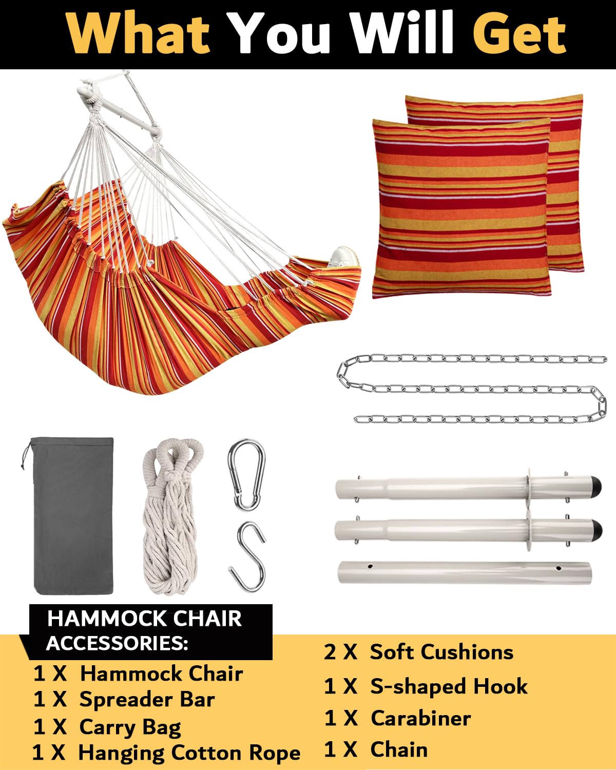 Miztli Hamaca para silla colgante con reposapiés, máximo 500 libras, barra separadora de acero con anillos antideslizantes, 2 cojines incluidos, para dormitorio, interior y exterior
