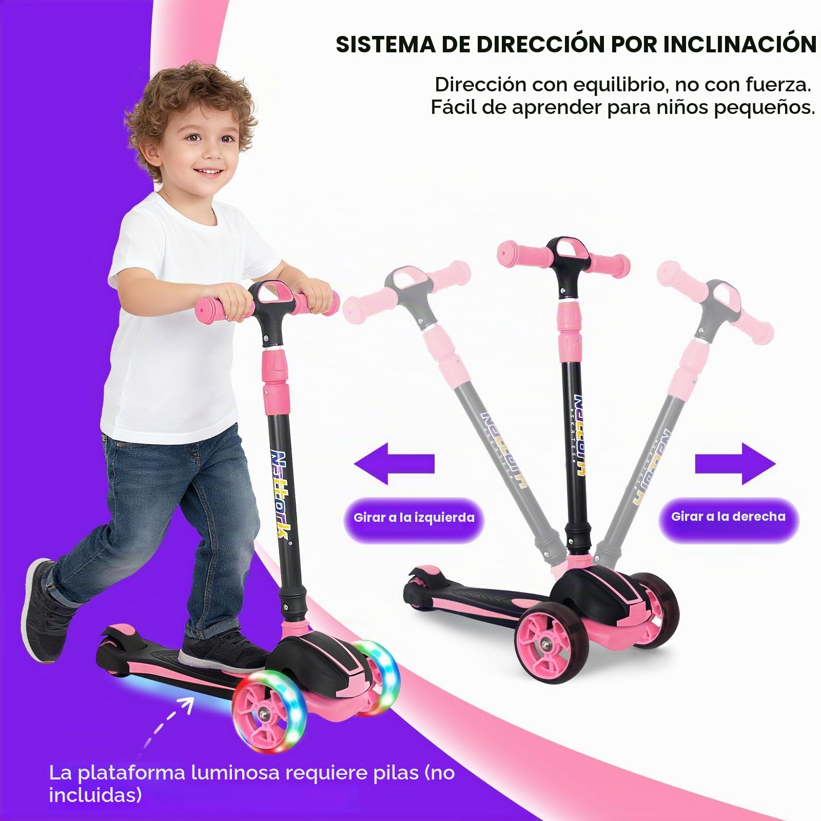 Nattork Roller Niños 3-12 años, Scooter Niños con Luces led, 4 Ajuste de Altura Kinderroller für Jungen Mädchen 3-8 años, hasta 100 kg Kinderscooter