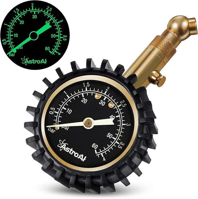 AstroAI Tyre Pressure Gauge, 60 PSI Portable Heavy Duty Mechanical for Car Truck Motorcycle Bicycle with Glow Dial