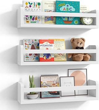 Floating Wall Nursery Book Shelves, White, 16.5 Inch, Set of 3 | Wooden, Wall Mounted, For Kids Rooms, Toddler Bookshelf