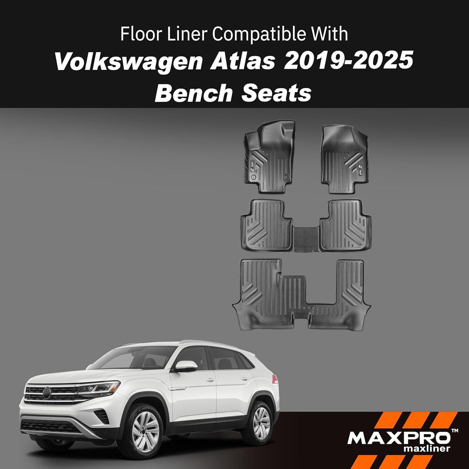 MAXPRO Floor Liner Compatible with Volkswagen Atlas (2019-2025) for Bench Seats. Custom Fit. Heavy Duty All Weather Mats Waterproof for Tough Conditions. Complete Set Custom Floor Mats - Image 8