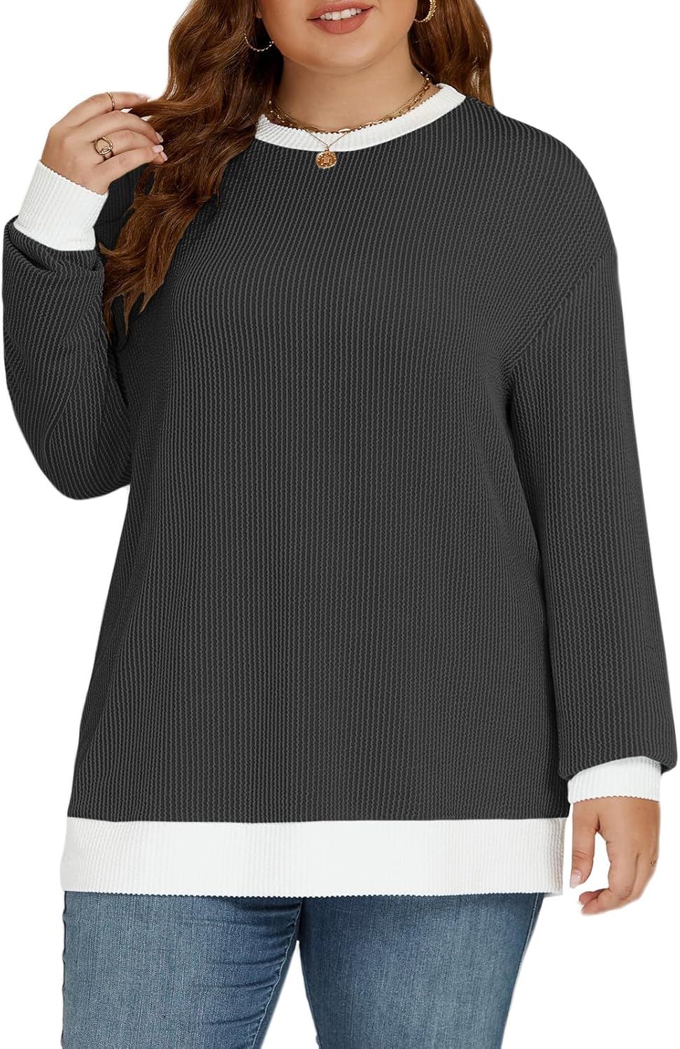 VISLILY Women's Plus Size Tops Casual Long Sleeve T Shirts Fashion Color Block Loose Fit Cute Crewneck Tunics 3X Black - Image 2