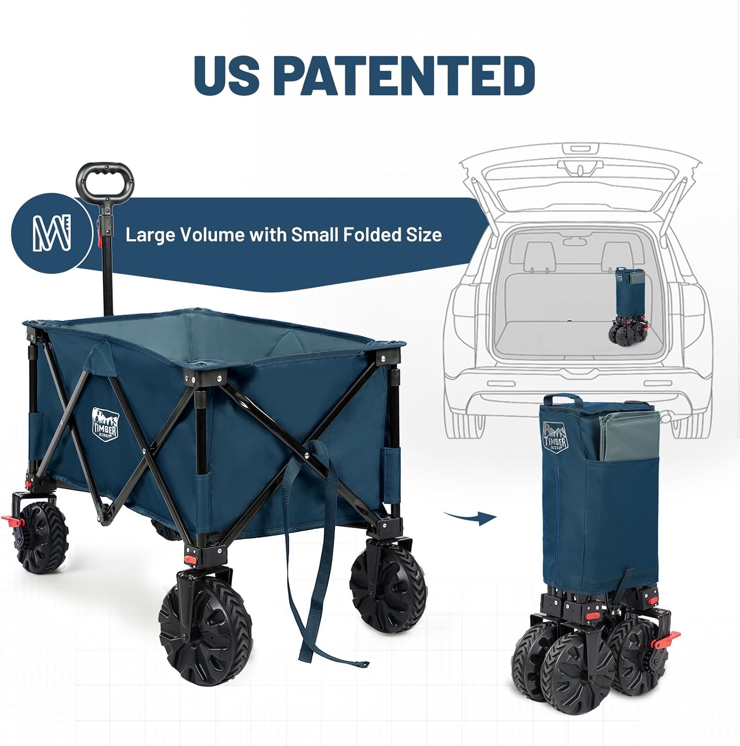 TIMBER RIDGE Outdoor Collapsible Wagon with Brakes Utility Folding Cart Heavy Duty All Terrain Wheels for Shopping Camping Garden with Side Bag and Cup Holders, Blue