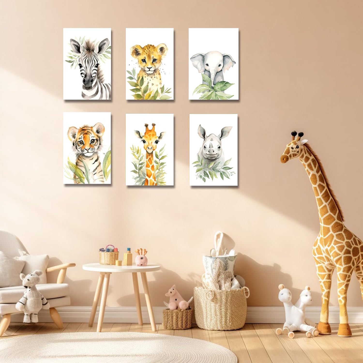 LZIMU Baby Safari Animals Nursery Wall Art 6 Pieces Cute Giraffe Elephant Tiger Leopard Rhino Zebra Poster Woodland Canvas Prints Kids Room Decor (No frame (Rolled up Canvas), 16.00"x24.00"x6)