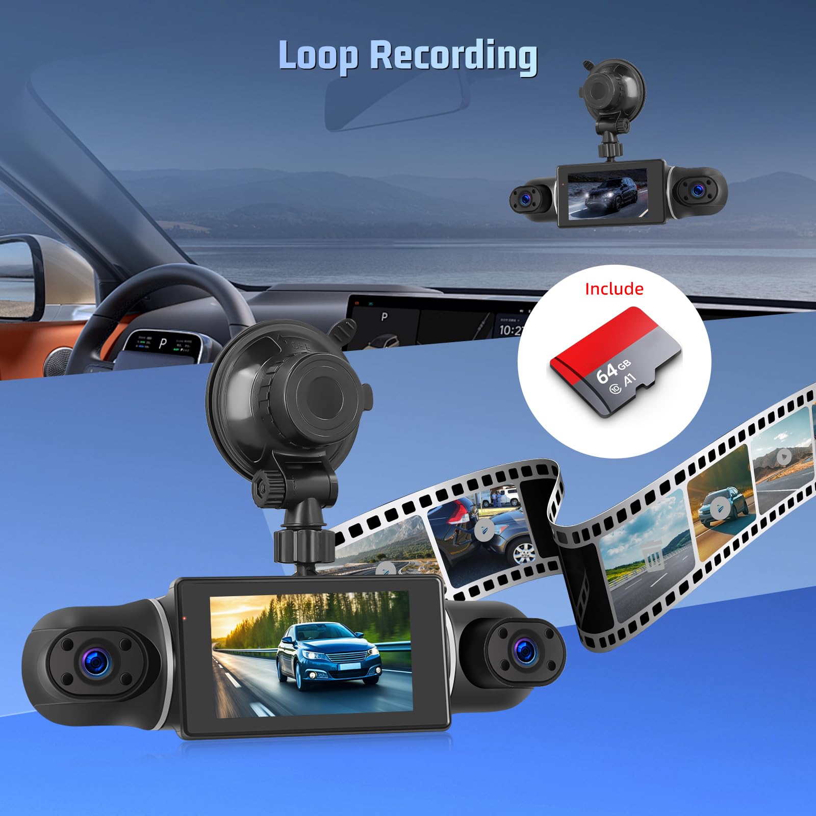 Caméra Embarquée 1080P, Caméra embarquée 4 Canaux Avant et arrière à l'intérieur, Dash Cam avec écran IPS 3 Pouces, Vision Nocturne WiFi, Capteur G, Enregistrement en Boucle + Carte TF 64 Go