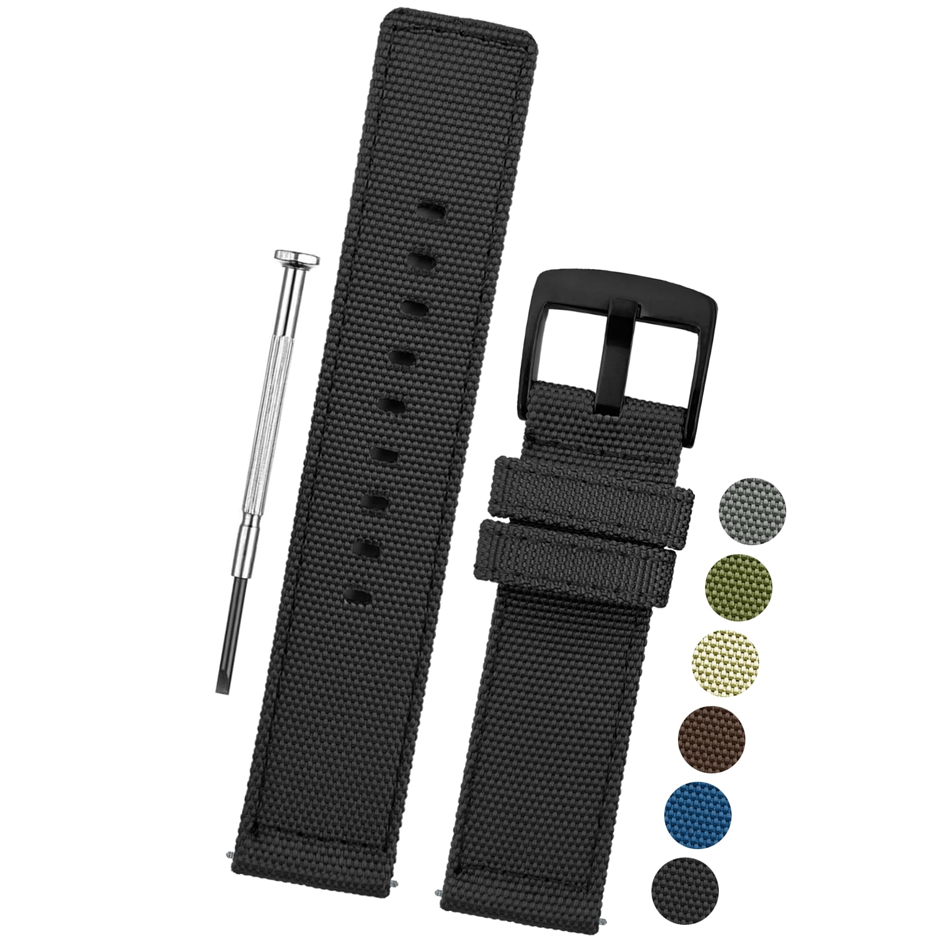 DBLACK ''ENMA'' Nylon Watch Strap, Quick Release Boxy Design Watch Band // For 20mm, 22mm, or 24mm Watch Belt (Choose Your Size & Color) (22mm, Black)